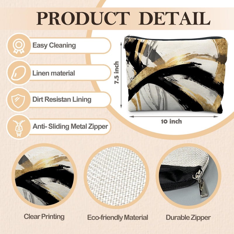 RYYCDOI Abstract Black and Gold Makeup Bag, Boho Black White and Gold Cosmetic Bags for Women, Boho Gifts for Women, Mid Century Modern Zipper Makeup Pouch - Image 2